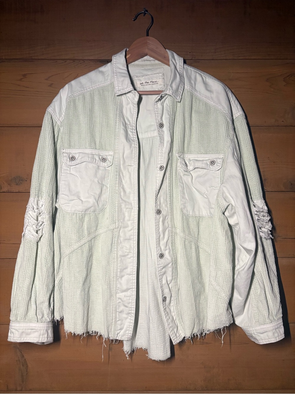 Free People We The Free Distressed Corduroy Shacket Shirt Jacket Mint Green M